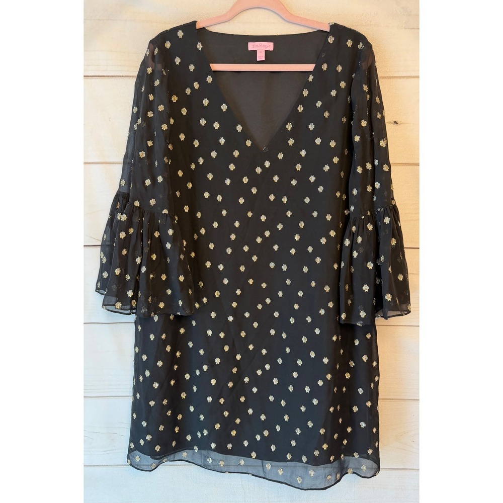 Lilly Pulitzer Black Gold Metallic Silk Clip Dot Bell Sleeve Shift Dress 12